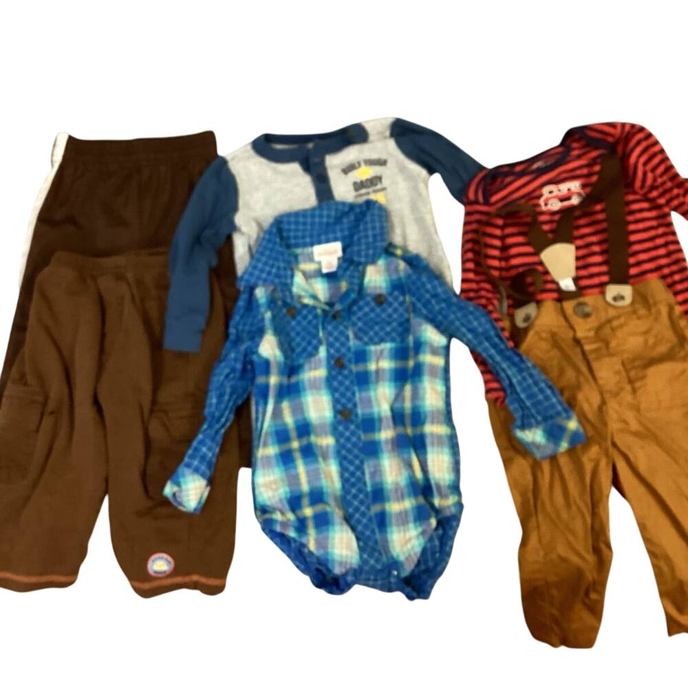 Lot of 6 Boys 12 Months Carters Cat & Jack Plaid Stripe Top Overalls Brown Pants